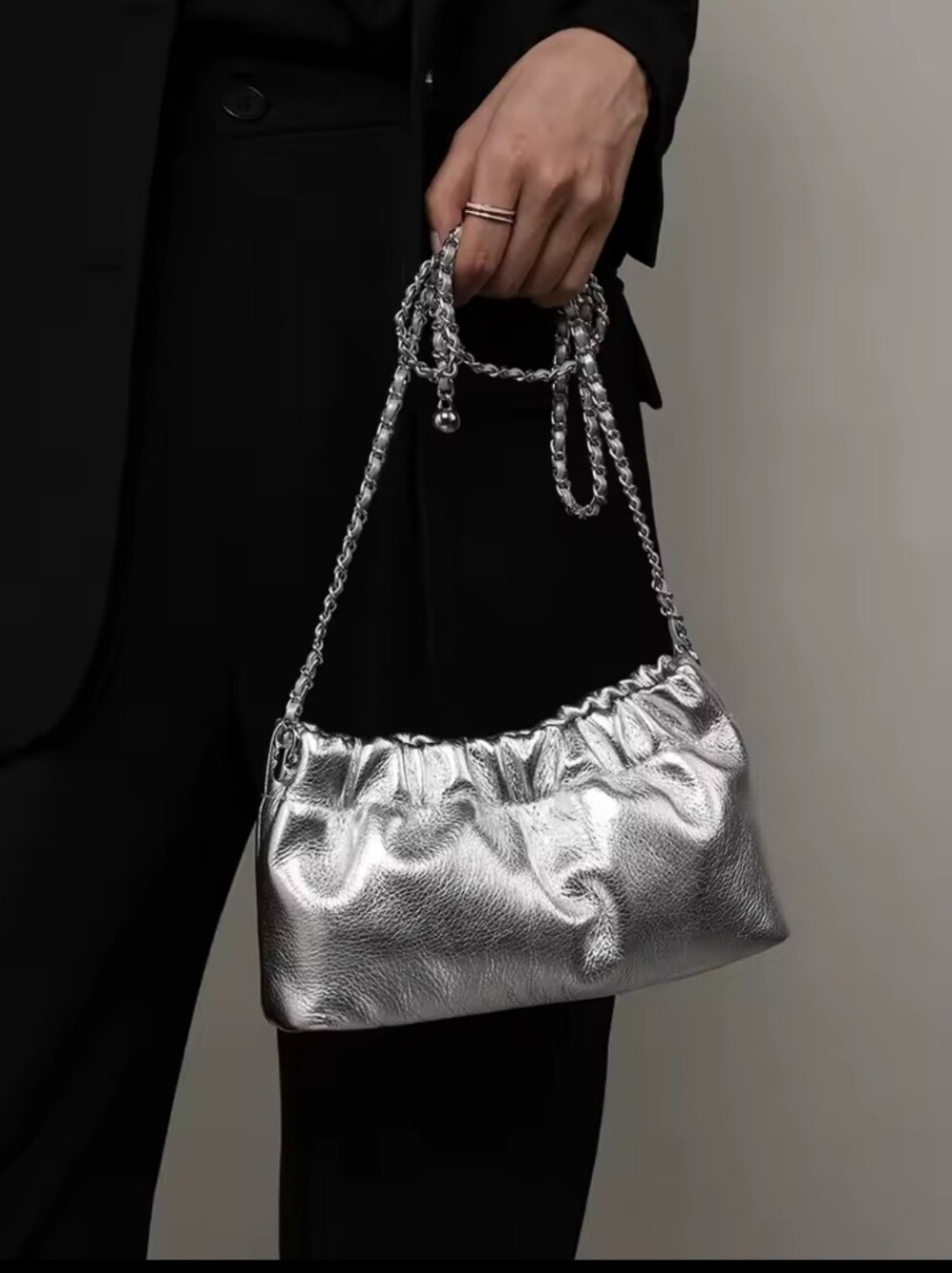 Genuine Leather Silver Metallic Chain-Handle Shoulder Bag - Picture 5 of 14
